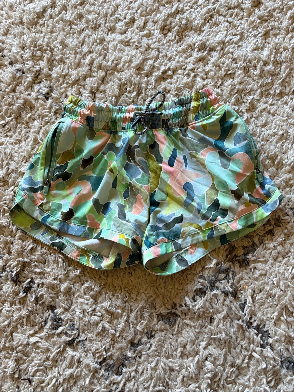 Athleta Pastel Camo Drawstring Athletic Shorts - Mint, Pink & Olive